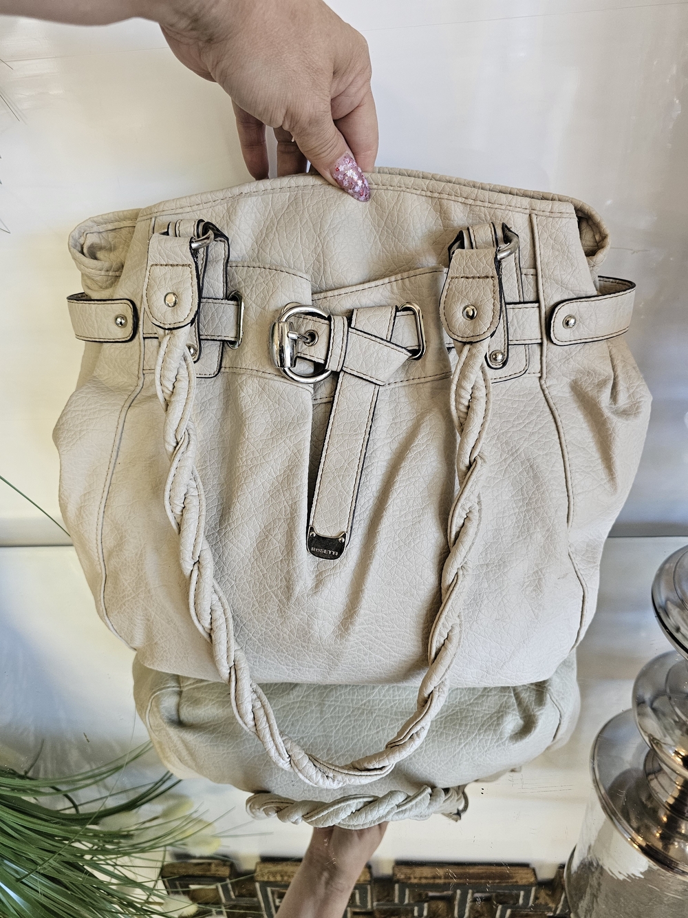 Rosetti Cream Braided-Handle Shoulder Tote